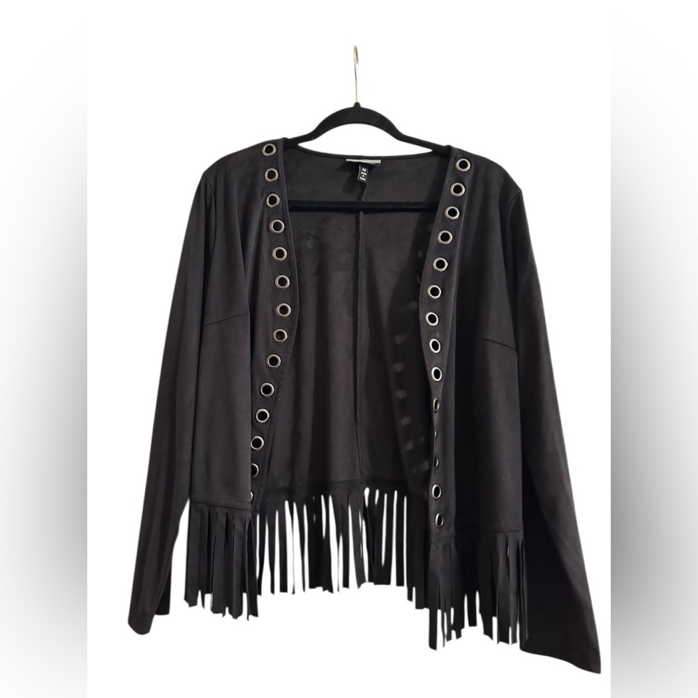 Black Fringe Open Jacket, Boho, Festival, Flowy, Bikercore